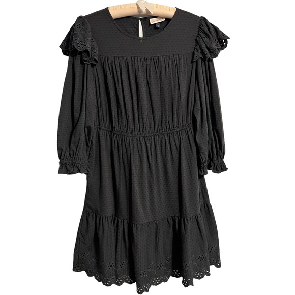 XL Eyelet Ruffle Long-sleeve Dress Dark Gray/Black Dark Cottagecore - Ravencore - Picture 2 of 11